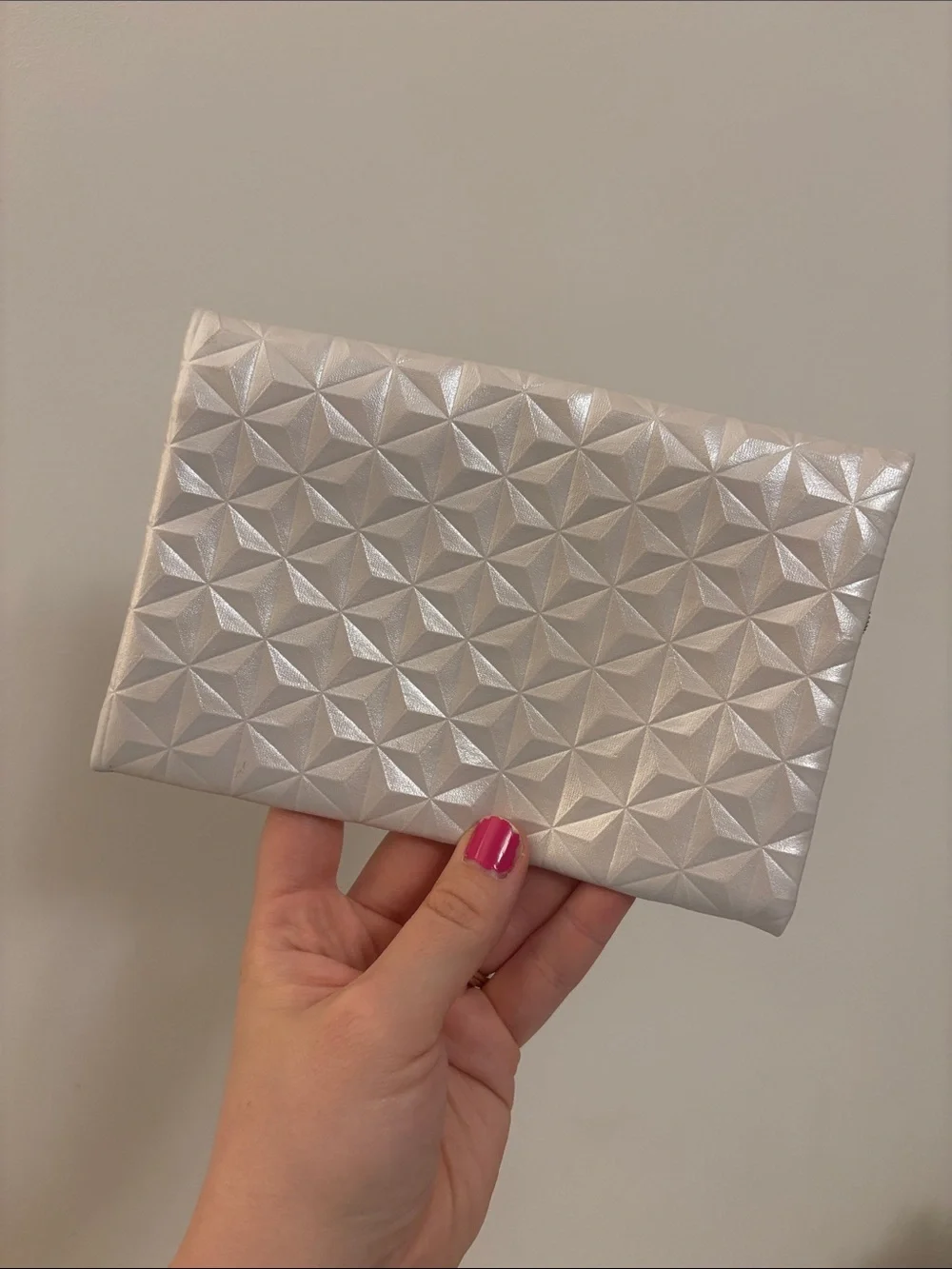 ipsy Silver Geometric Embossed Cosmetic Pouch with Navy Trim